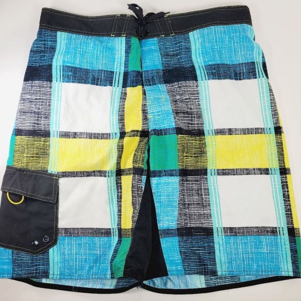 Joe Boxer Board Swim Shorts Mens Size XL Plaid Black Green Blue